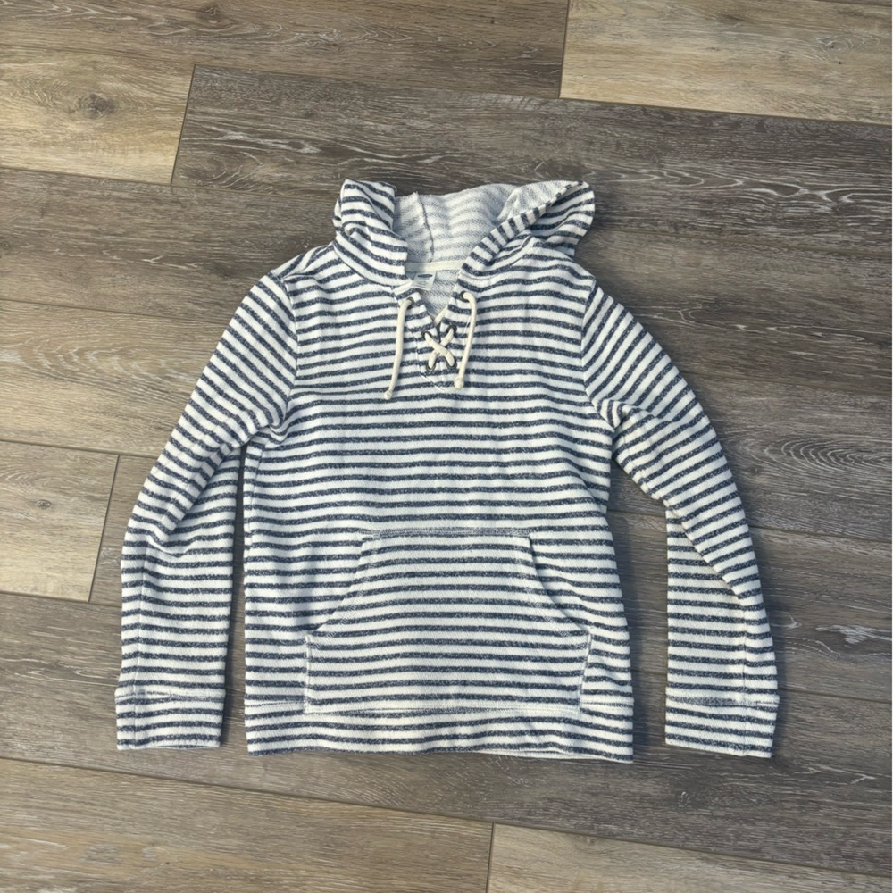 Old Navy Hoodie Kids 10/12 Blue White Striped Lightweight Pullover Coastal Beach
